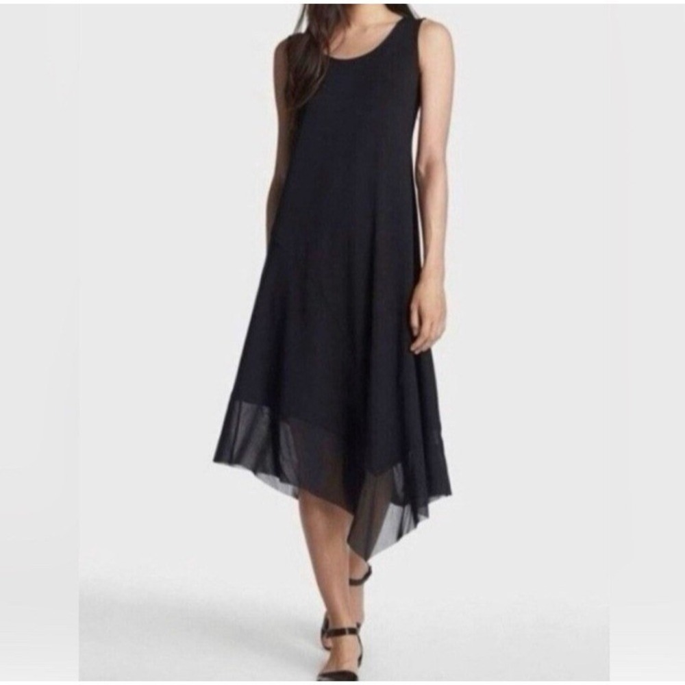 Eileen Fisher Dress L Black Scoop Neck Asymmetrical Sheer Hem Stretchy Jersey
